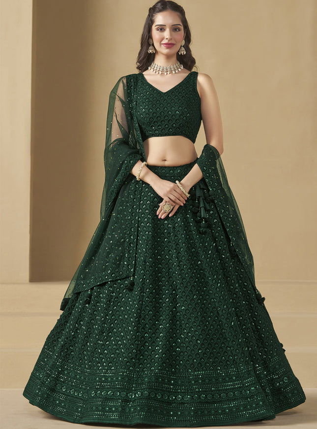 bottle green sequins georgette embroidered lehenga choli