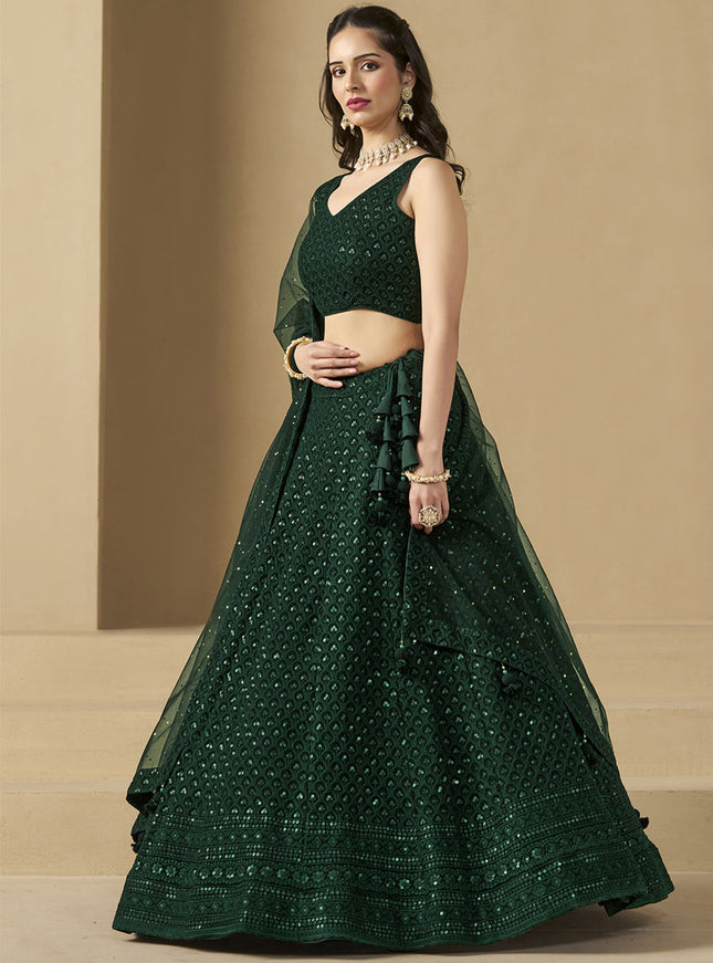 bottle green sequins georgette embroidered lehenga choli