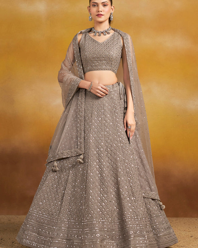 dusty grey georgette embroidered lehenga choli for wedding