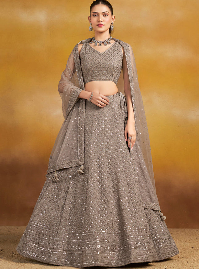 dusty grey georgette embroidered lehenga choli for wedding