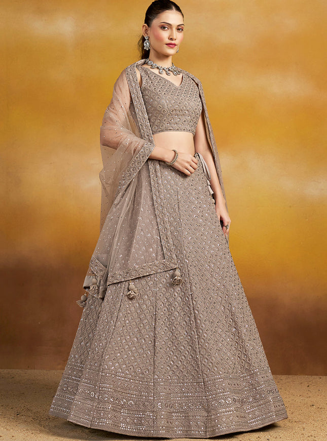dusty grey georgette embroidered lehenga choli for wedding