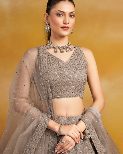 dusty grey georgette embroidered lehenga choli for wedding