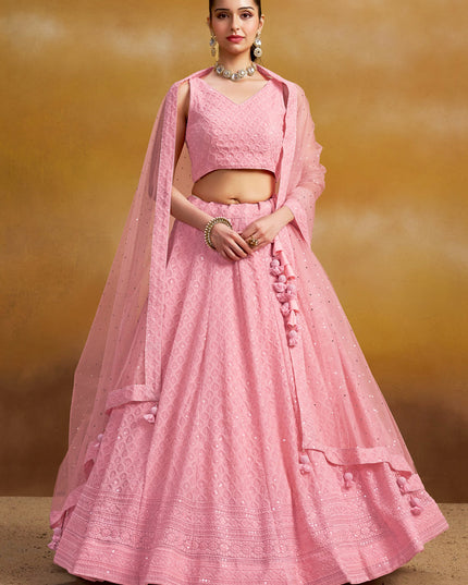 carnation pink georgette embroidered lehenga choli for wedding