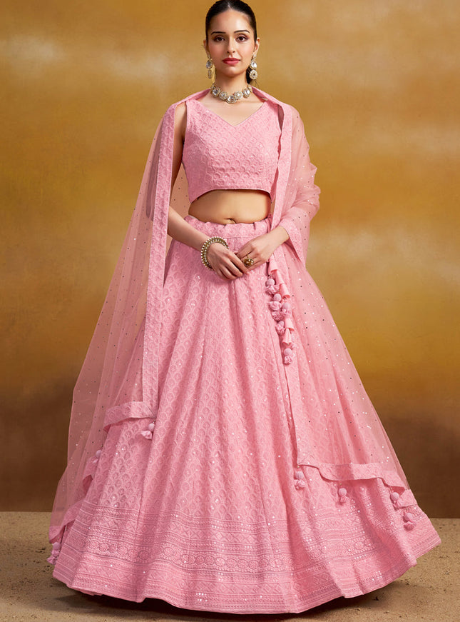 carnation pink georgette embroidered lehenga choli for wedding