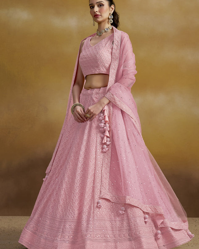 carnation pink georgette embroidered lehenga choli for wedding