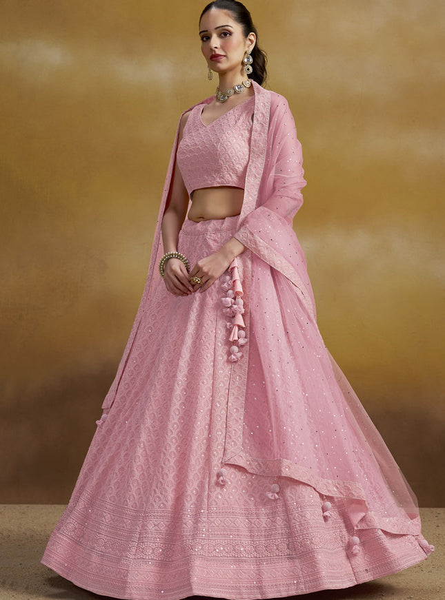 carnation pink georgette embroidered lehenga choli for wedding
