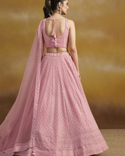 carnation pink georgette embroidered lehenga choli for wedding