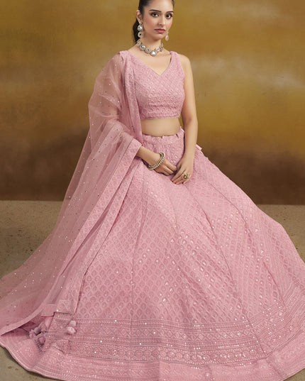 carnation pink georgette embroidered lehenga choli for wedding