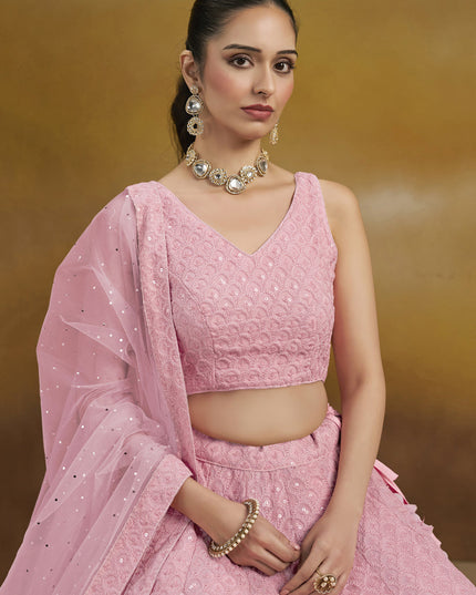 carnation pink georgette embroidered lehenga choli for wedding
