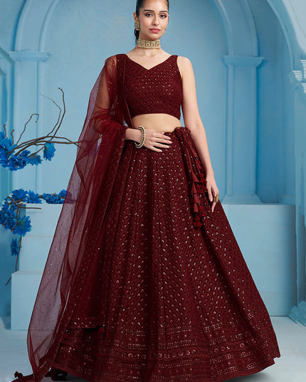 maroon embroidered georgette lehenga choli for wedding