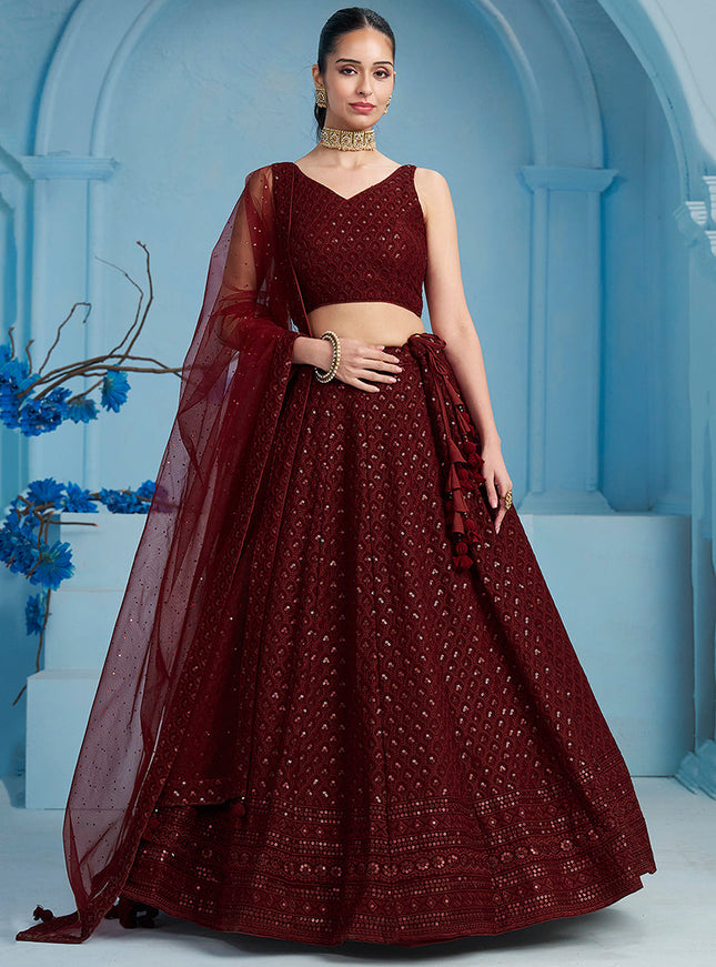 maroon embroidered georgette lehenga choli for wedding