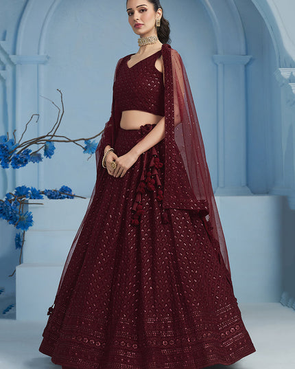 maroon embroidered georgette lehenga choli for wedding