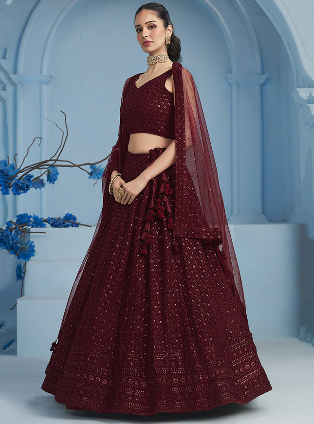 maroon embroidered georgette lehenga choli for wedding
