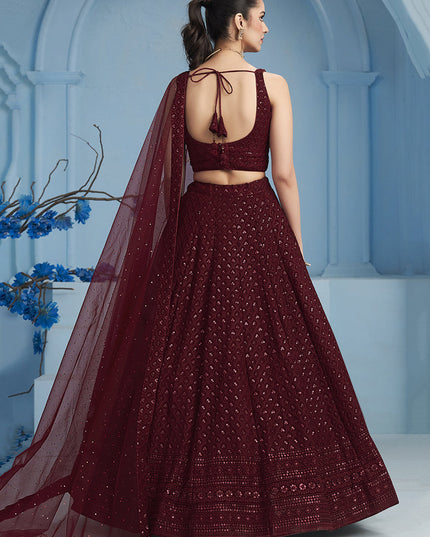 maroon embroidered georgette lehenga choli for wedding