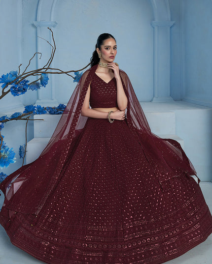 maroon embroidered georgette lehenga choli for wedding