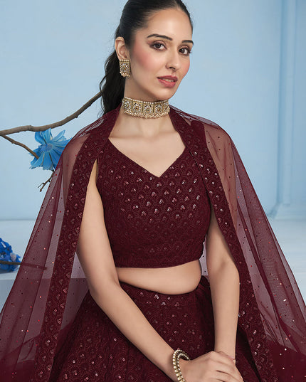 maroon embroidered georgette lehenga choli for wedding