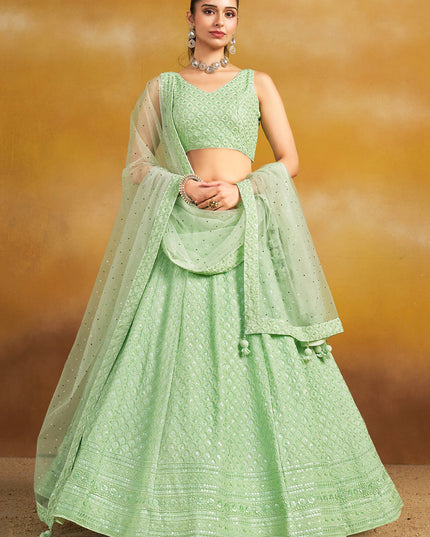 mint green georgette embroidered lehenga choli for wedding