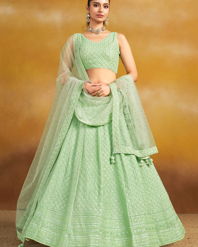mint green georgette embroidered lehenga choli for wedding