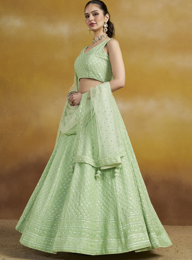 mint green georgette embroidered lehenga choli for wedding