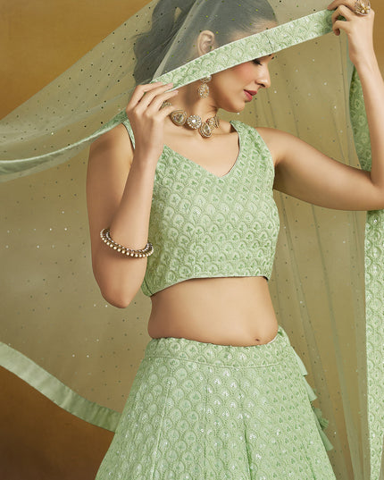mint green georgette embroidered lehenga choli for wedding