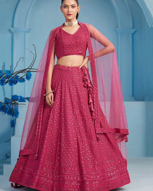 rani pink embroidered georgette lehenga choli for wedding