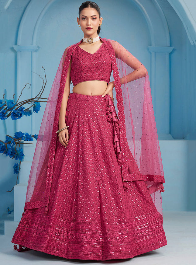 rani pink embroidered georgette lehenga choli for wedding