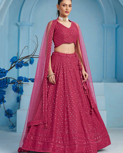 rani pink embroidered georgette lehenga choli for wedding