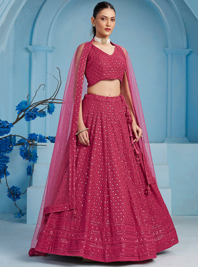 rani pink embroidered georgette lehenga choli for wedding