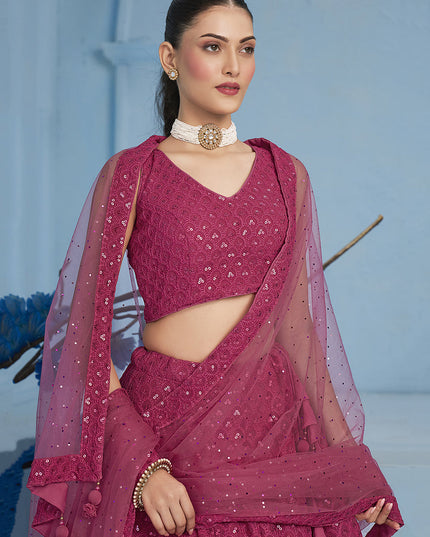 rani pink embroidered georgette lehenga choli for wedding