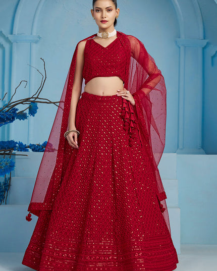 red embroidered georgette lehenga choli for wedding