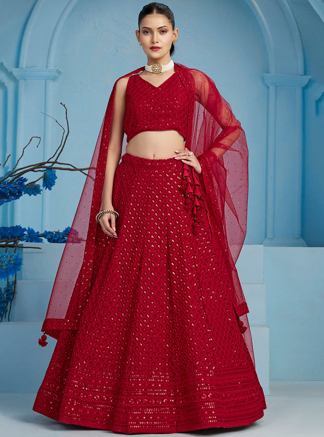 red embroidered georgette lehenga choli for wedding