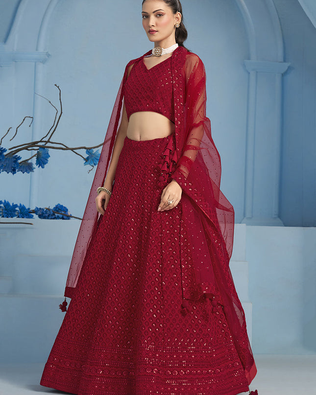 red embroidered georgette lehenga choli for wedding