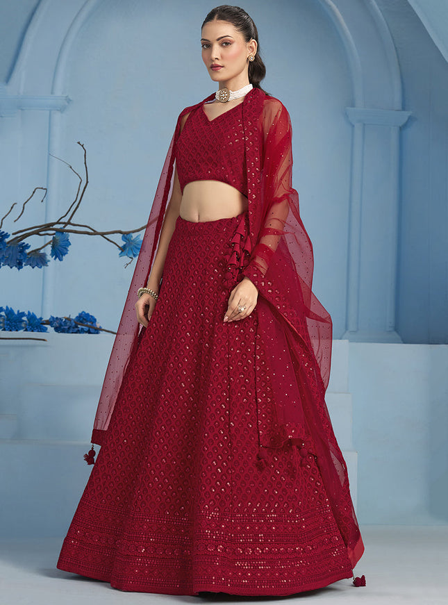 red embroidered georgette lehenga choli for wedding