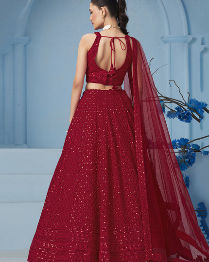red embroidered georgette lehenga choli for wedding