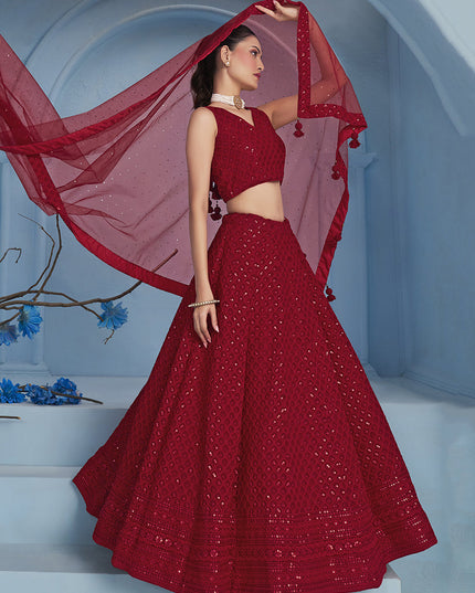 red embroidered georgette lehenga choli for wedding