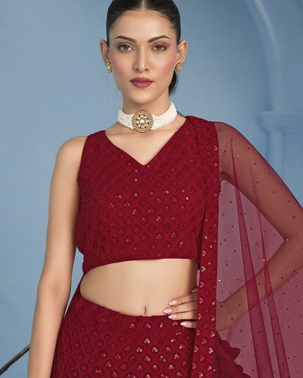 red embroidered georgette lehenga choli for wedding