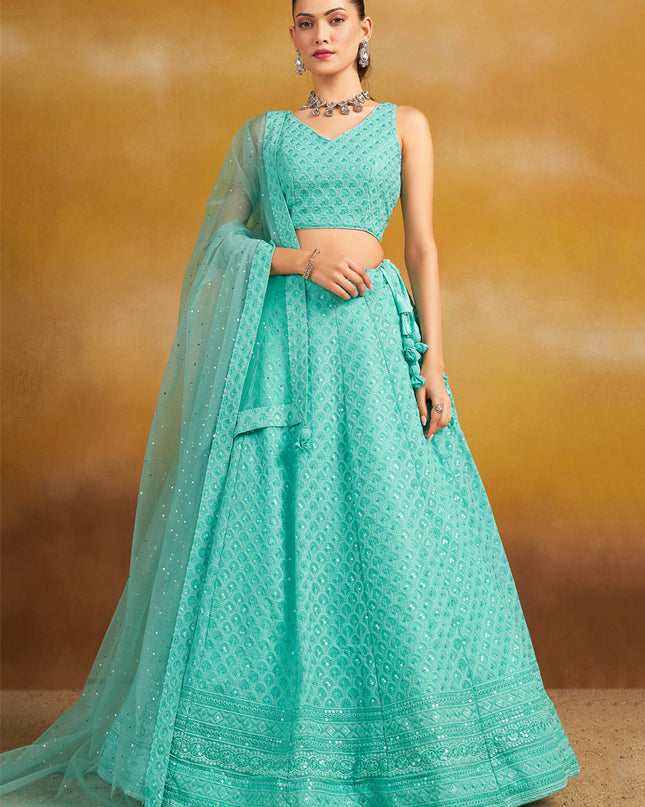 aqua blue georgette embroidered lehenga choli for wedding