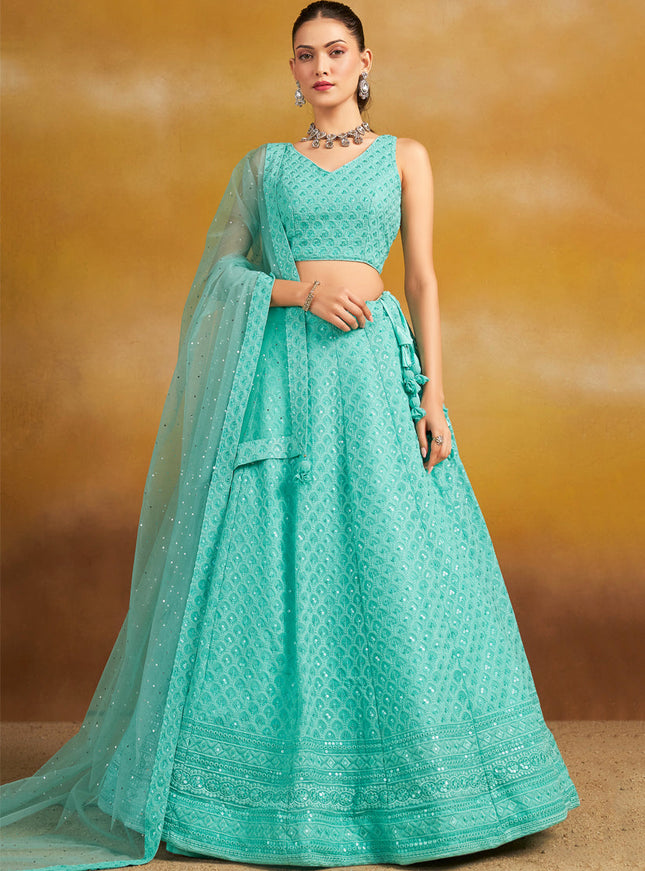 aqua blue georgette embroidered lehenga choli for wedding