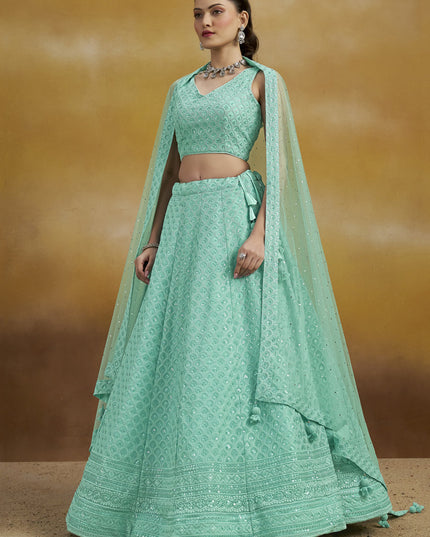 aqua blue georgette embroidered lehenga choli for wedding