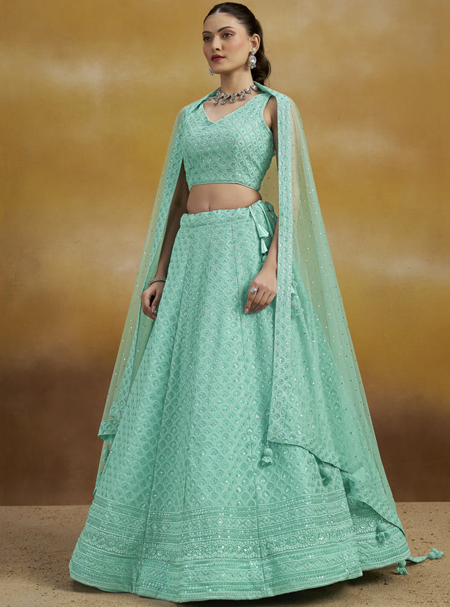 aqua blue georgette embroidered lehenga choli for wedding