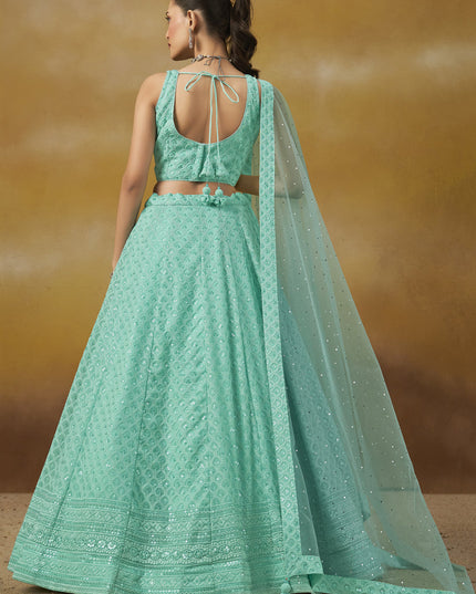 aqua blue georgette embroidered lehenga choli for wedding