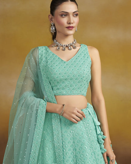 aqua blue georgette embroidered lehenga choli for wedding