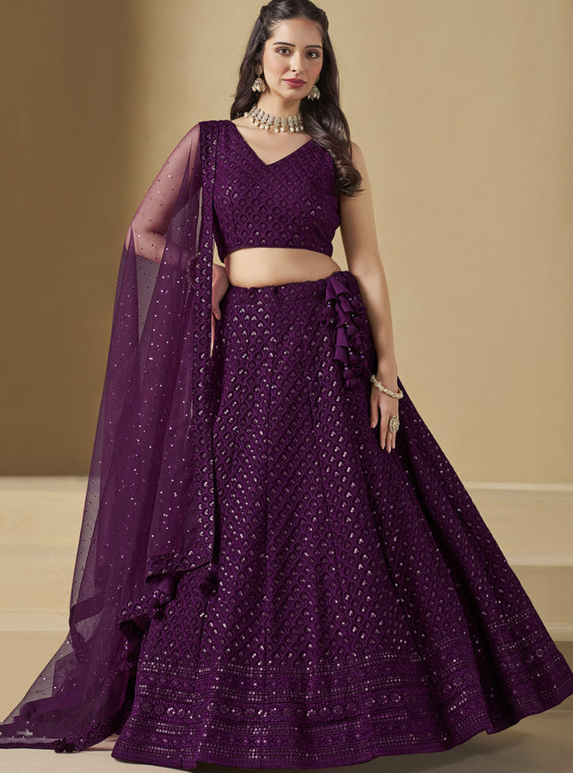 wine sequins georgette embroidered lehenga choli