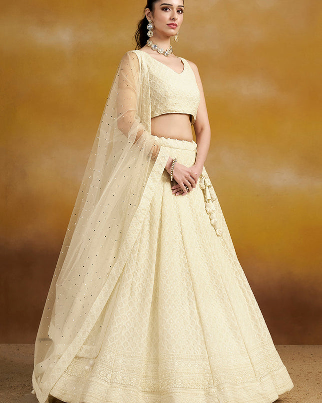 off white georgette embroidered lehenga choli for wedding