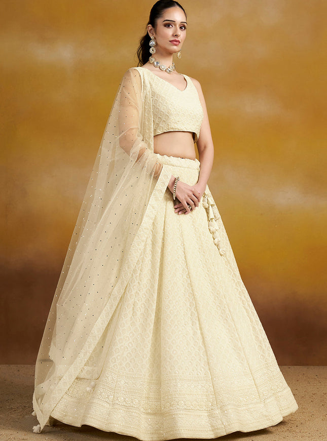 off white georgette embroidered lehenga choli for wedding