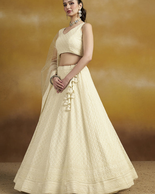 off white georgette embroidered lehenga choli for wedding