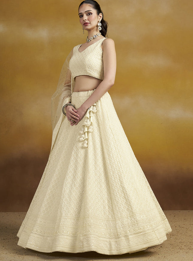 off white georgette embroidered lehenga choli for wedding