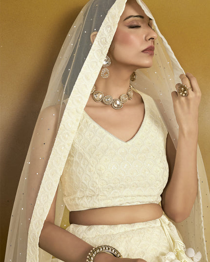 off white georgette embroidered lehenga choli for wedding