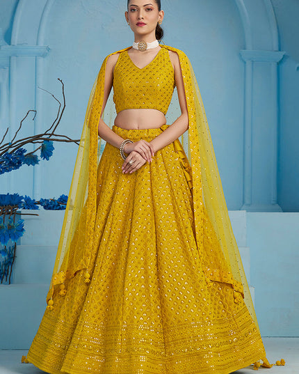 mustard yellow embroidered georgette lehenga choli for wedding