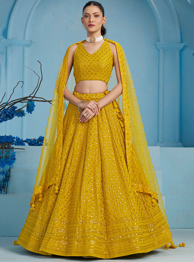 mustard yellow embroidered georgette lehenga choli for wedding